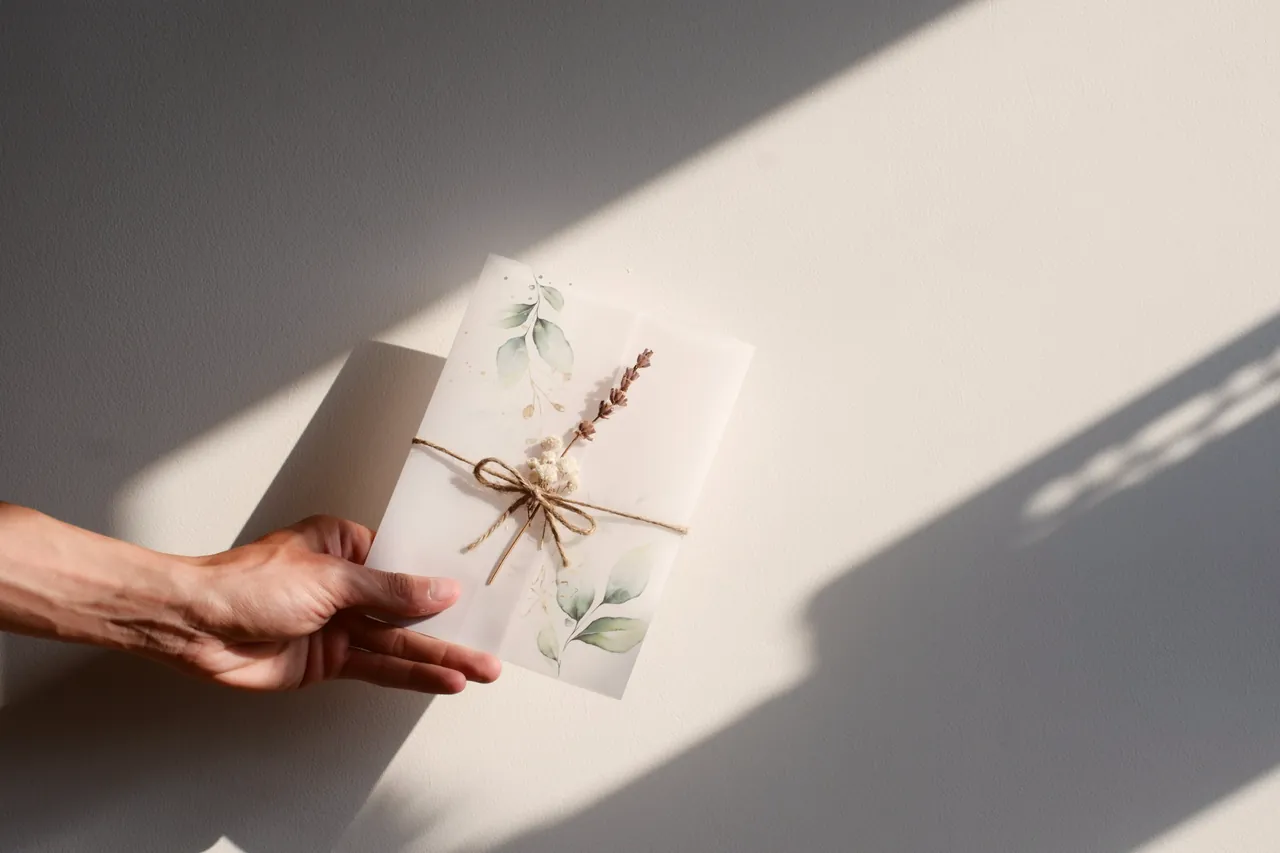 Eine Hand reicht ein verpacktes Geschenk mit Kordel und getrocknetem Lavendel