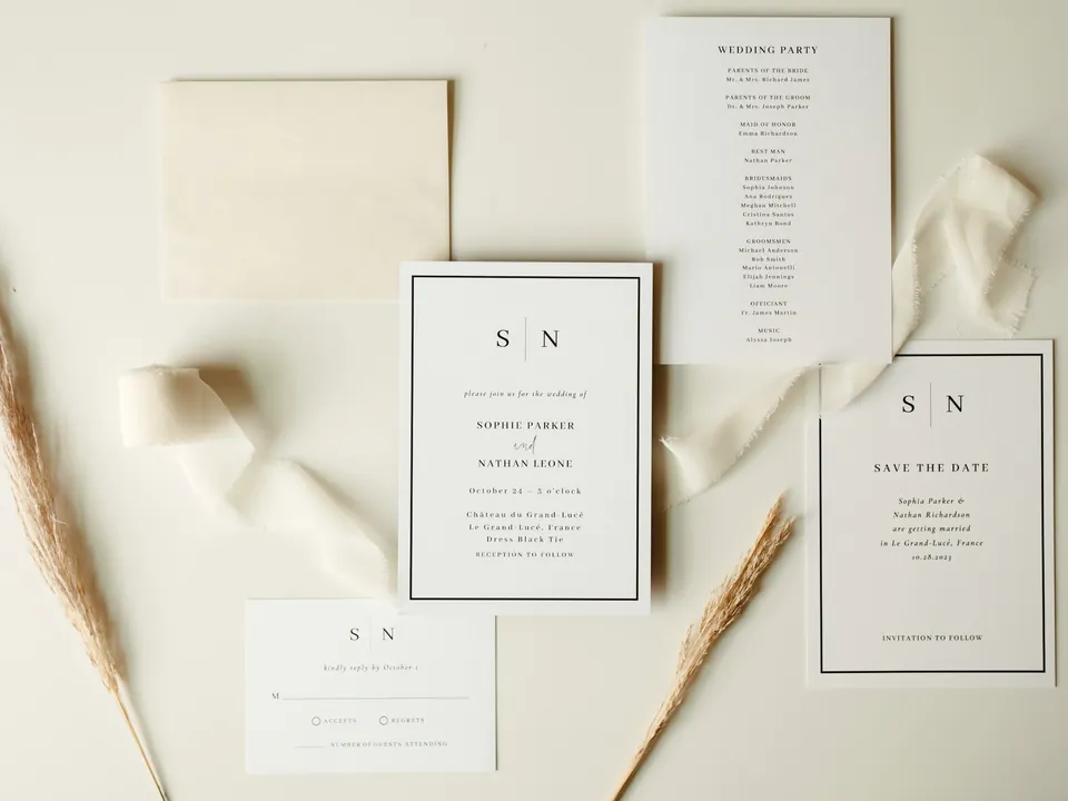 Hochzeitspapeterie mit Seidenband und Trockengräsern